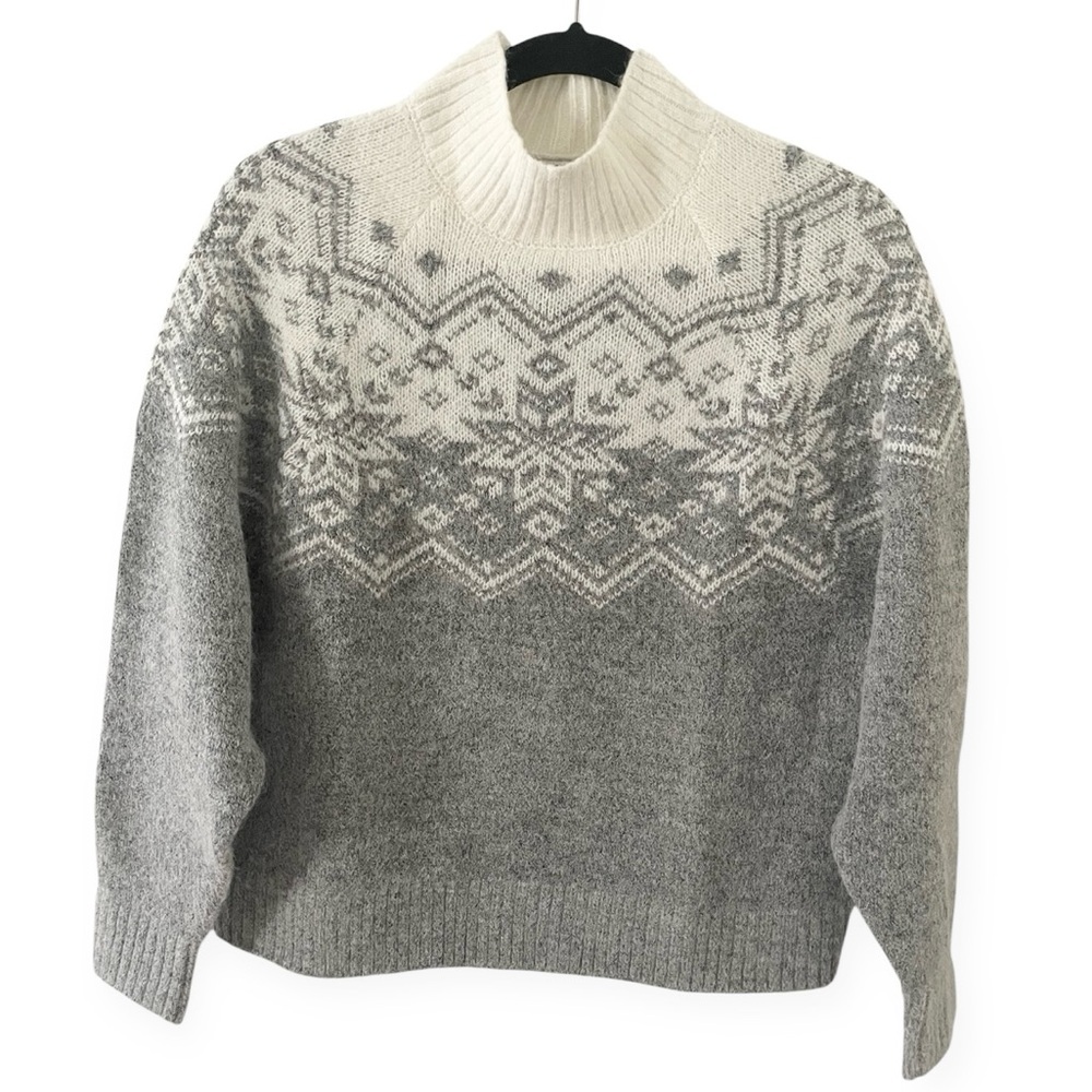 Old Navy Fair Isle Sweater Womens Small Gray Nordic Wool Mock Neck Heritage cozy